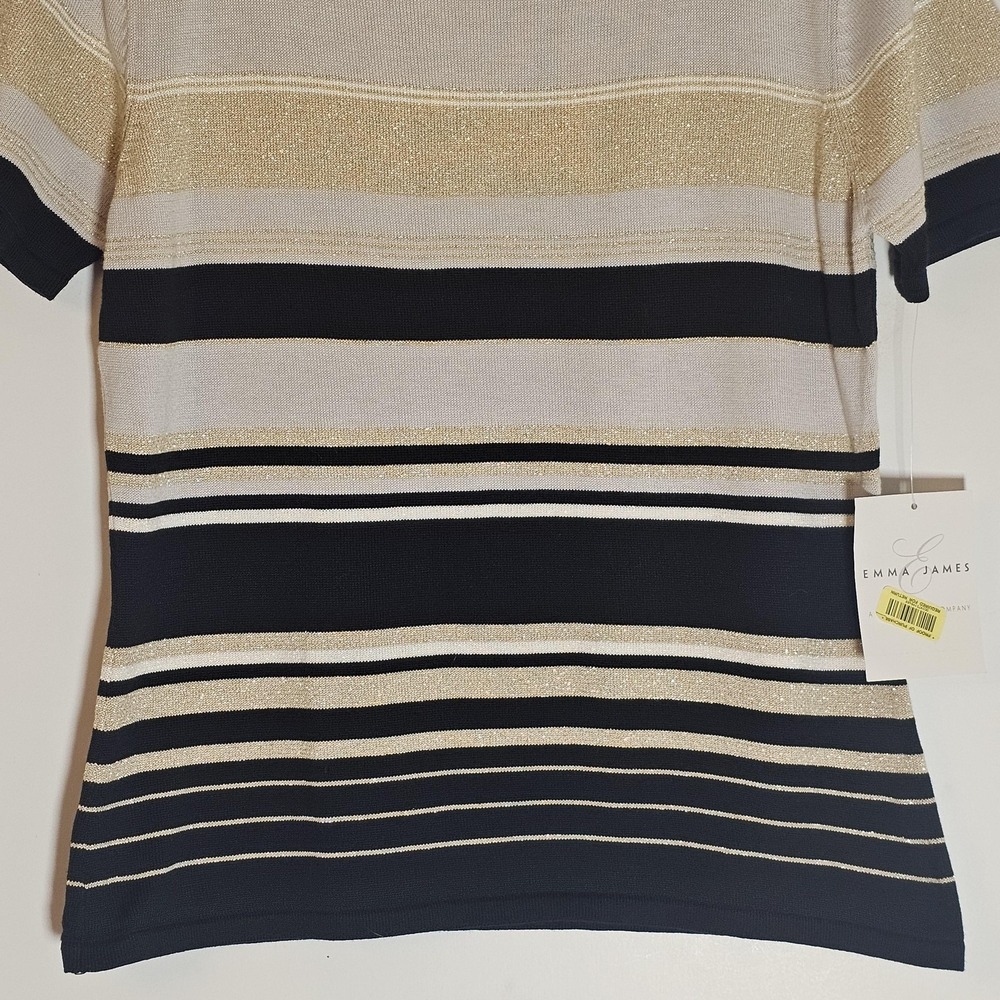 Emma James Sweater Womens Medium Black Gold Metallic Stripe Short Sleeve Knit - Picture 3 of 13